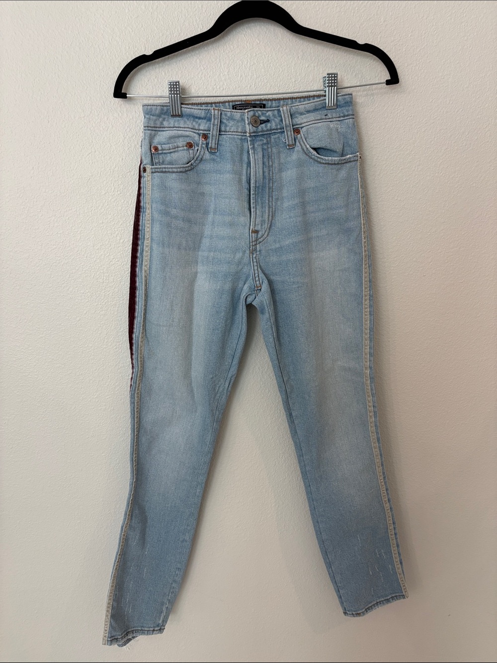 Abercrombie & Fitch Simone High Rise Slim Jeans with Burgundy Side Stripe